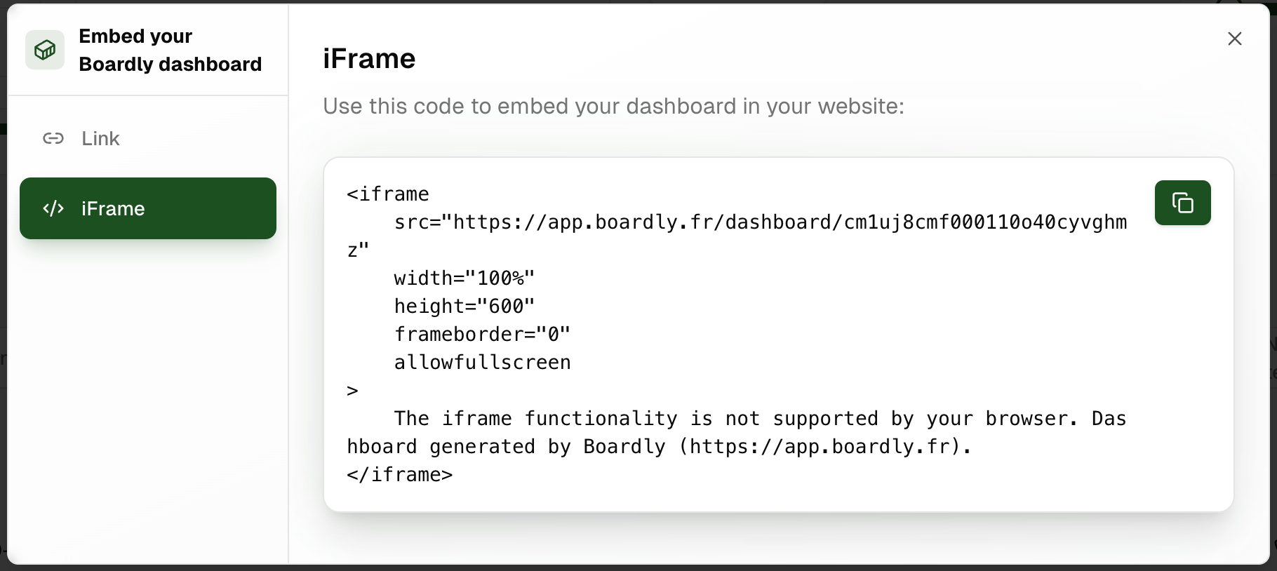 Iframe code option