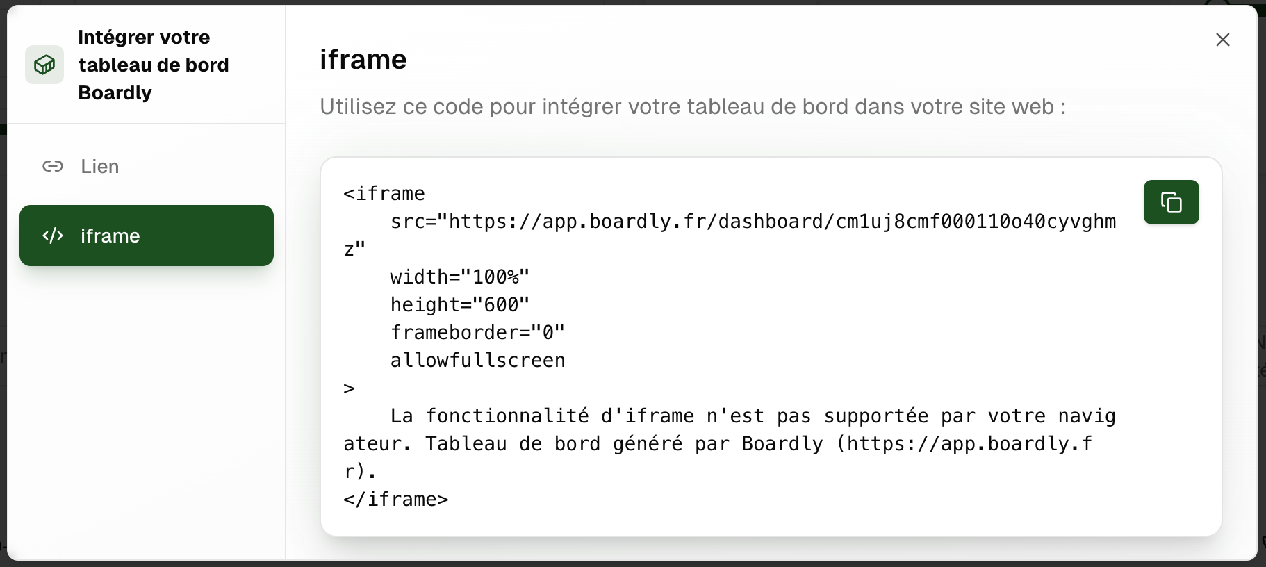 Option de code iframe