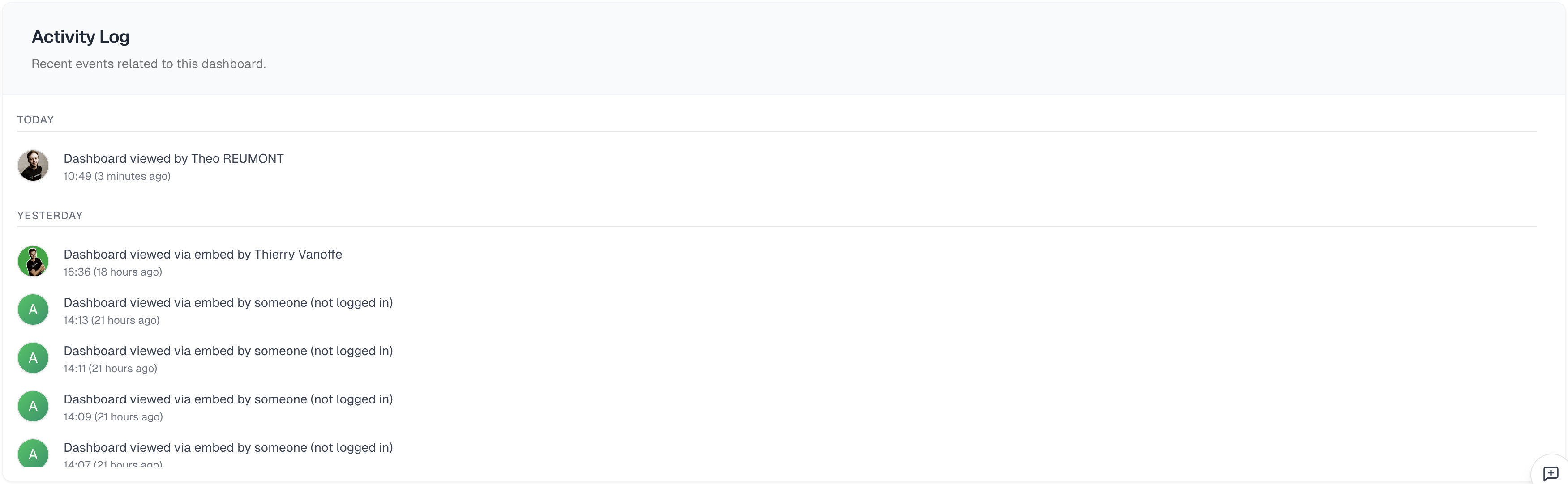Example of an activity log in Boardly, listing timestamped events.