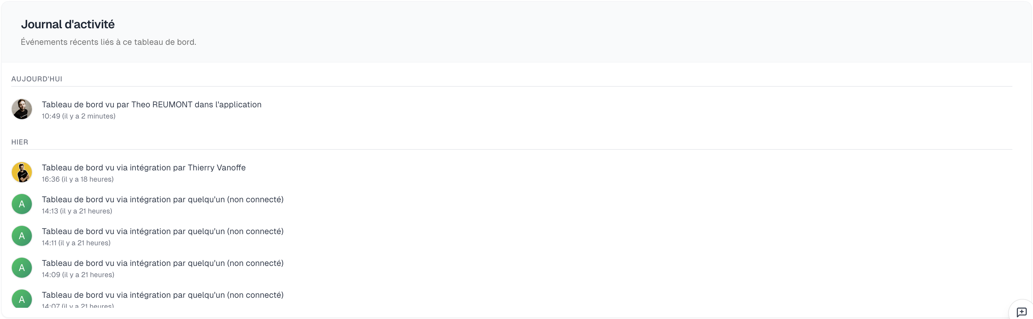 Exemple d'un journal d'activité dans Boardly, listant les événements horodatés.
