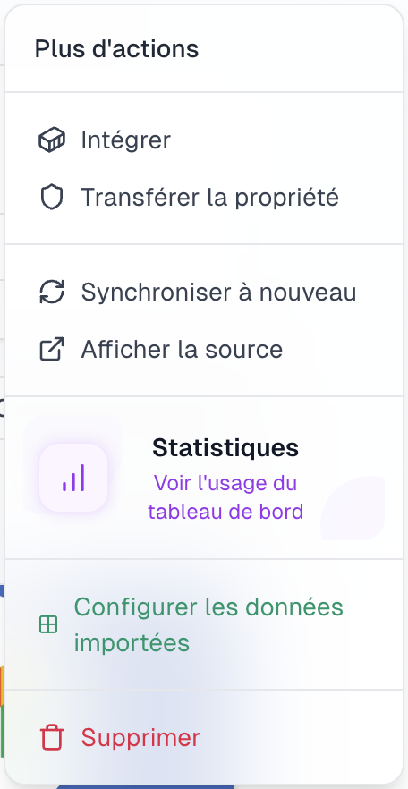 Capture d'écran montrant le menu 'Plus' avec l'option 'Statistiques' mise en évidence dans la vue détaillée du tableau de bord Boardly.