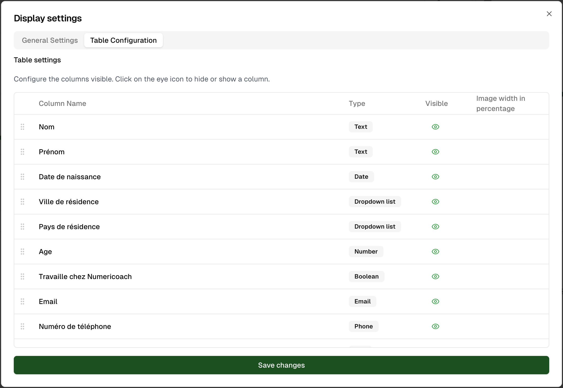 Table Configuration tab