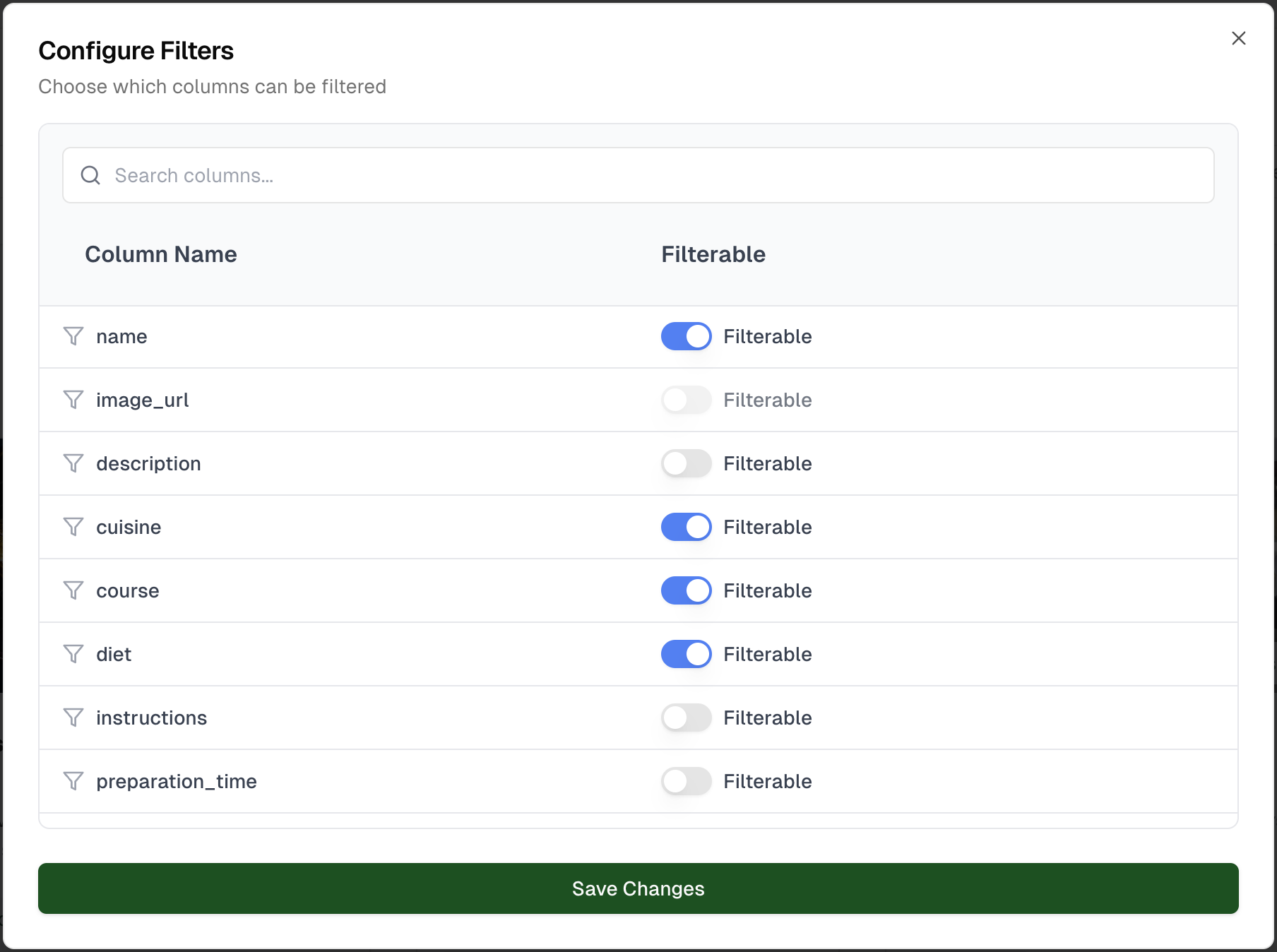 Filter configuration window