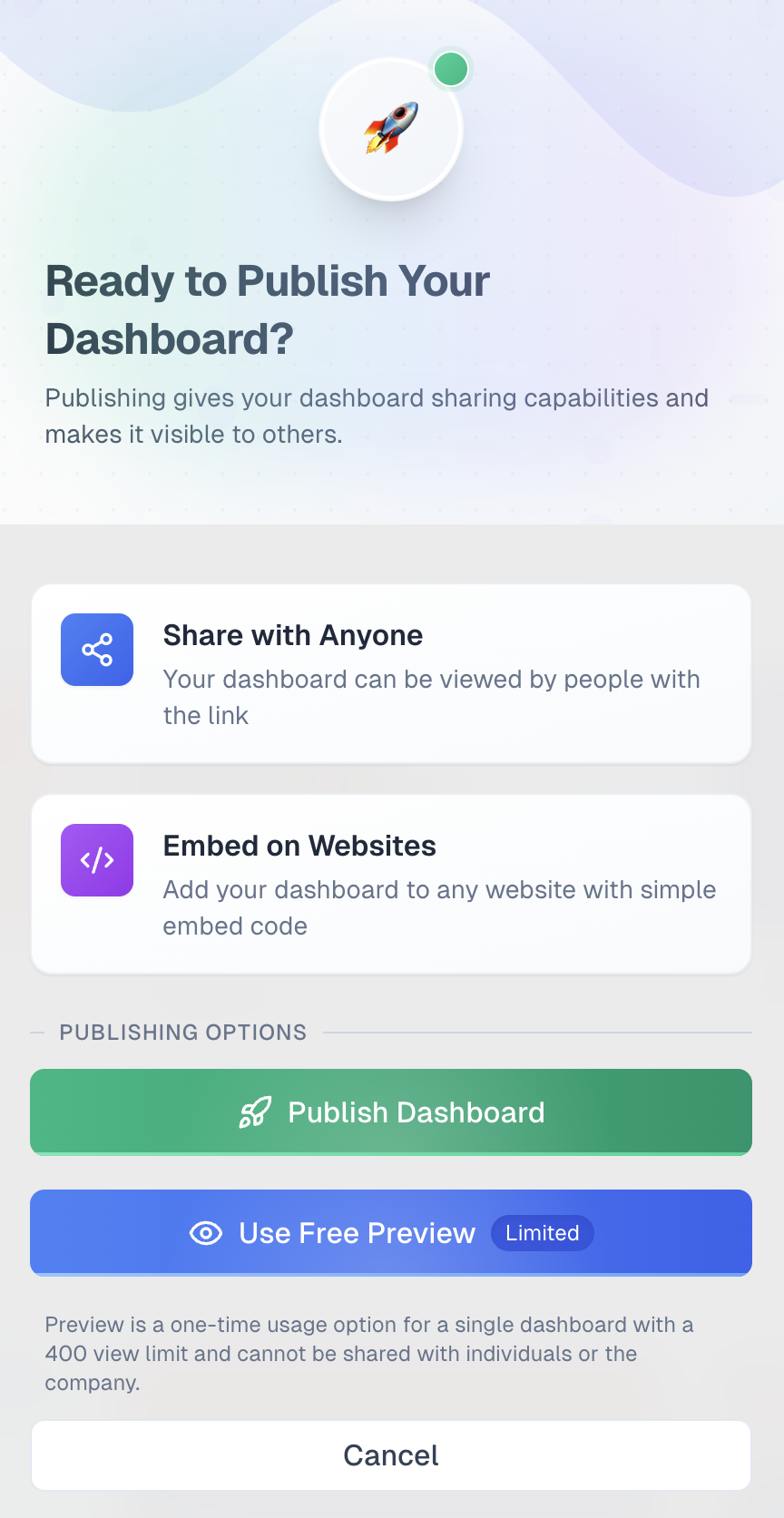 Dropdown menu showing 'Use Free Preview' and 'Publish Dashboard' options