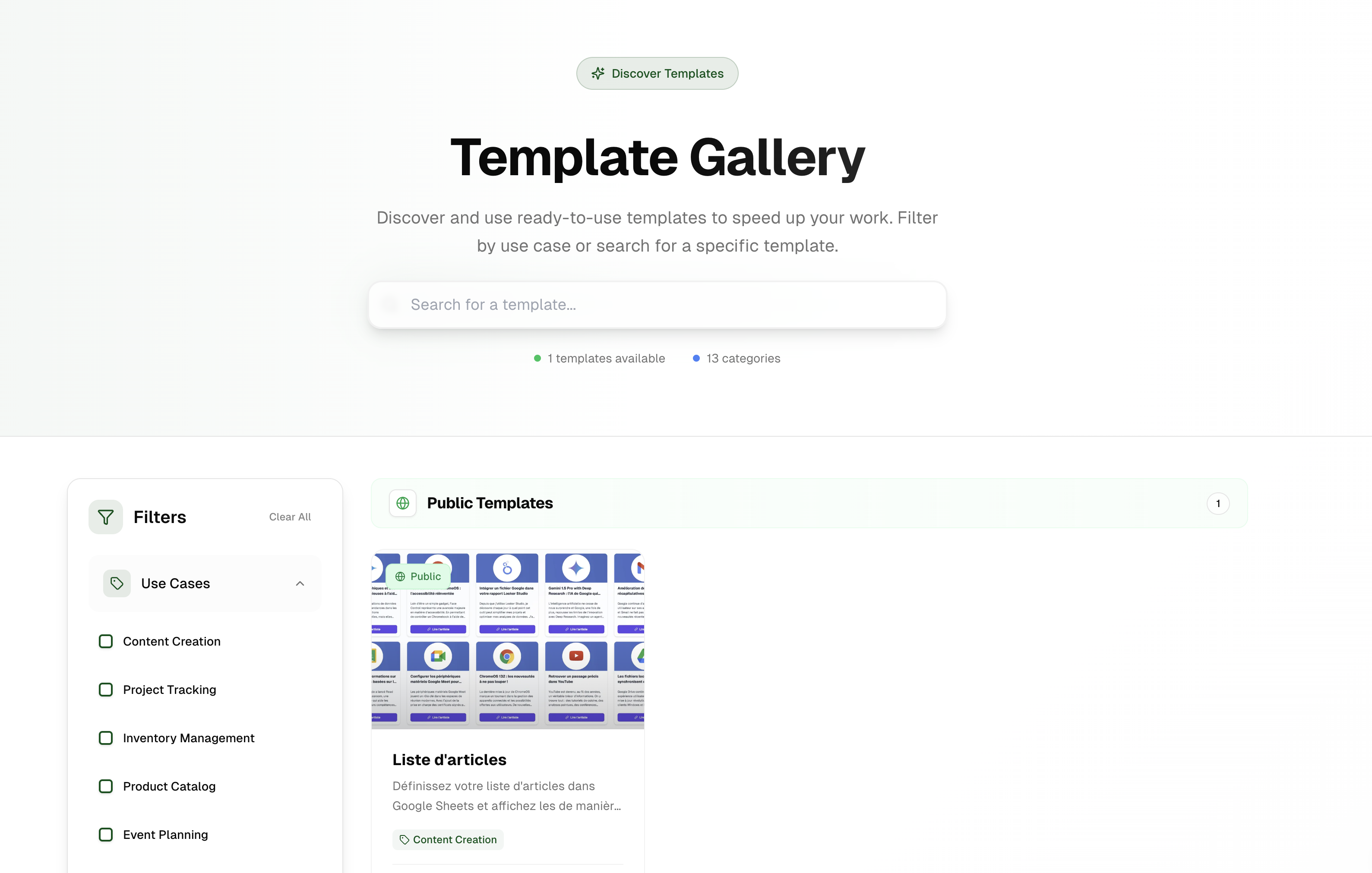 Templates page with search and filters