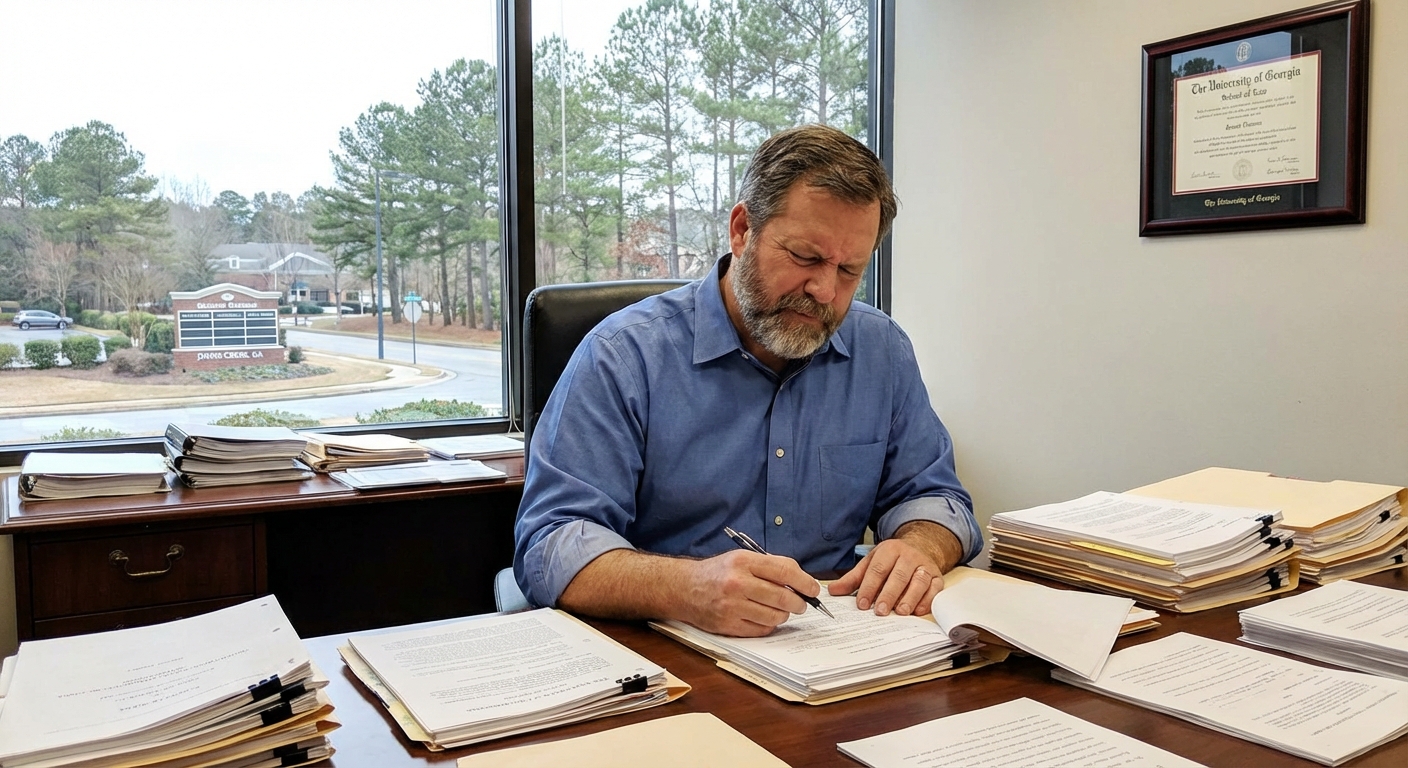 Abstract geometric shapes in blue and gold tones, representing the law firm's branding.