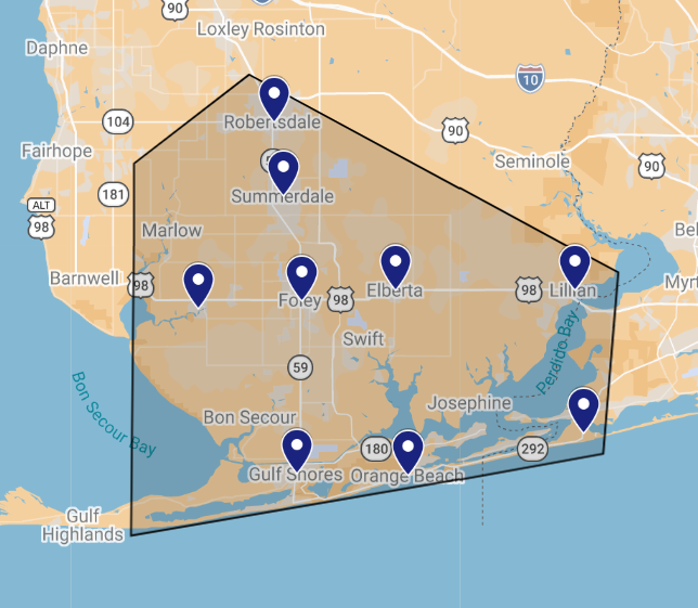 Map of S&F Construction service areas