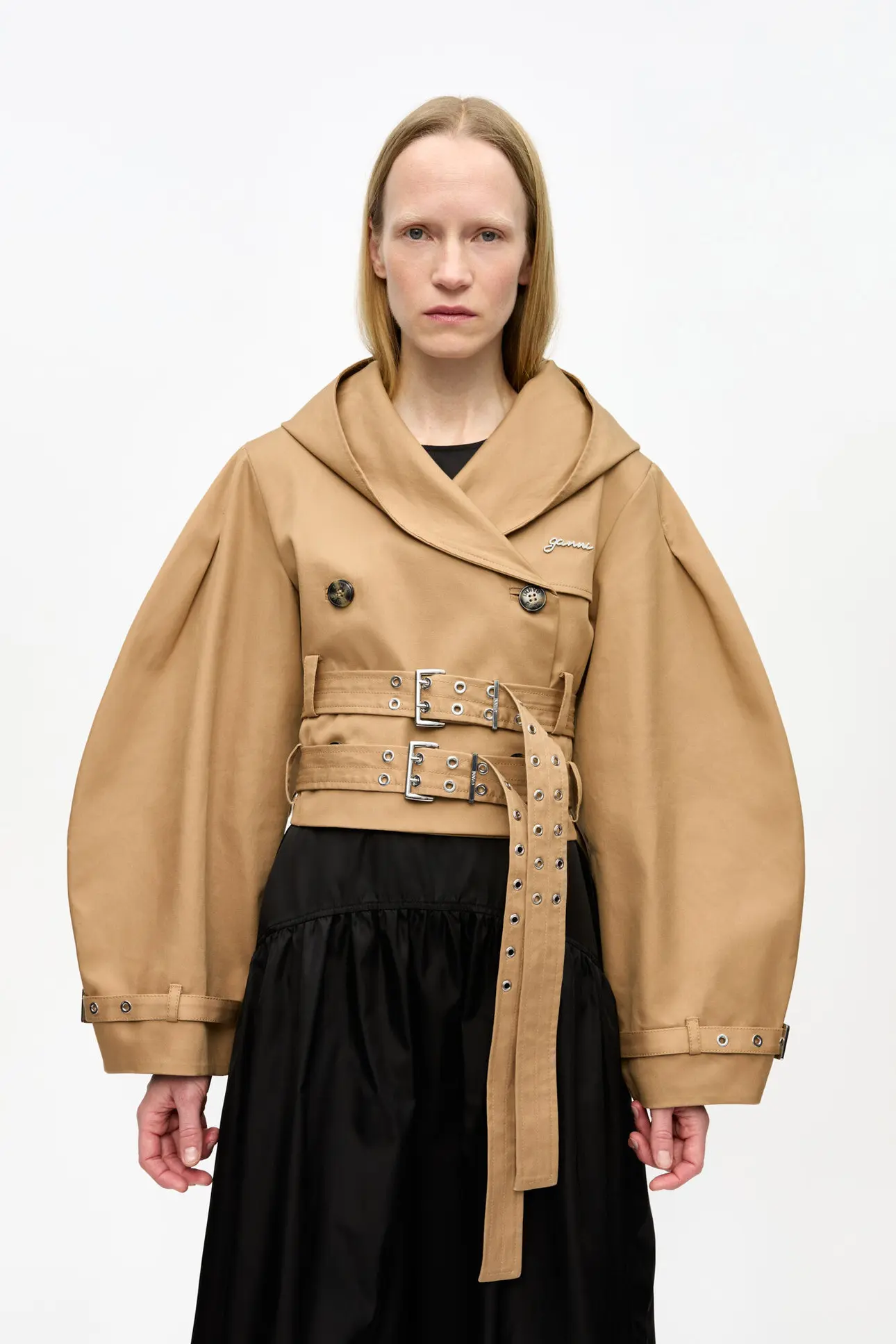 Tiger's Eye Camel Bonded Cotton Short Trench Jacket | GANNI IT