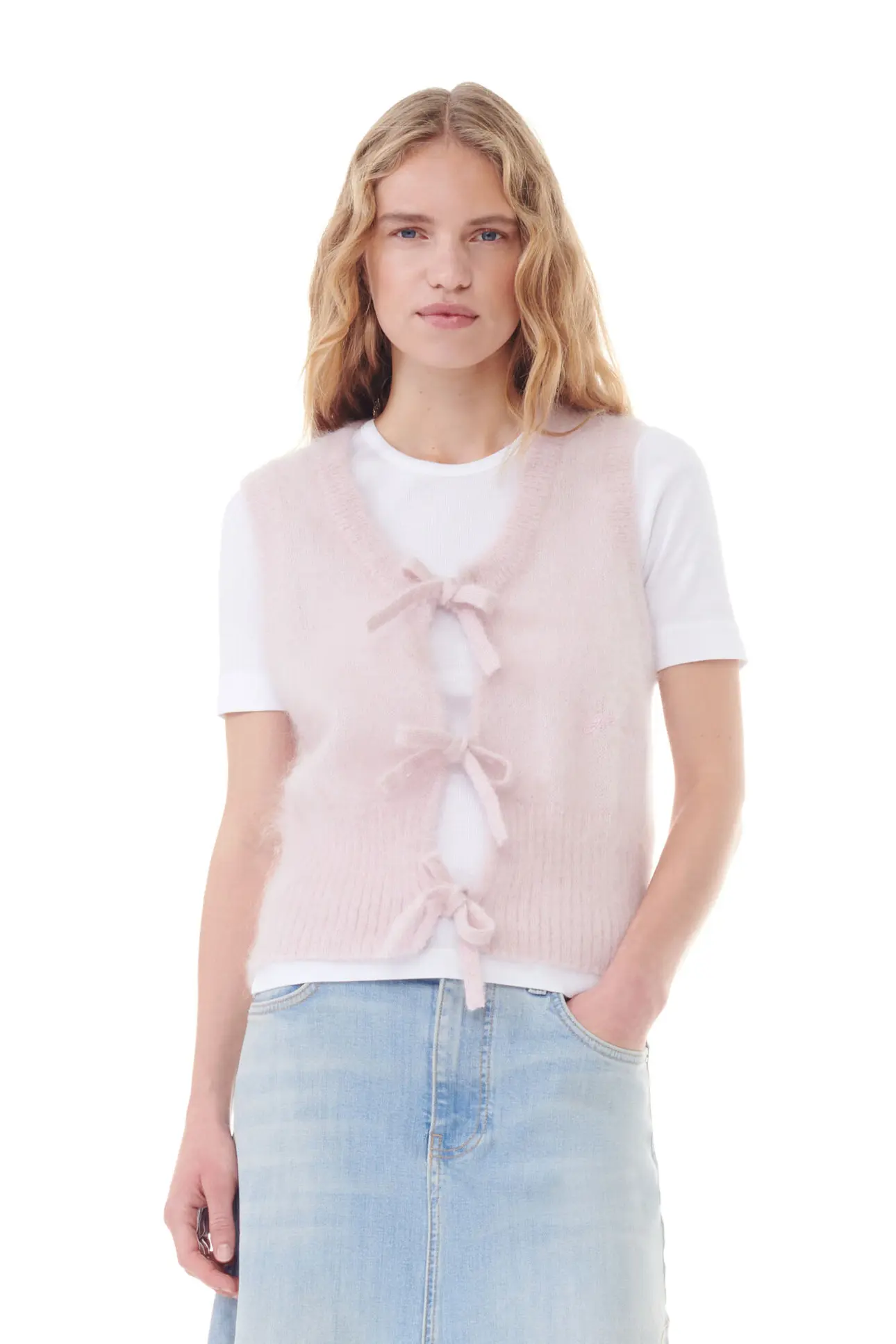 Lilac Sachet Pink Mohair Tie String Vest | GANNI DE