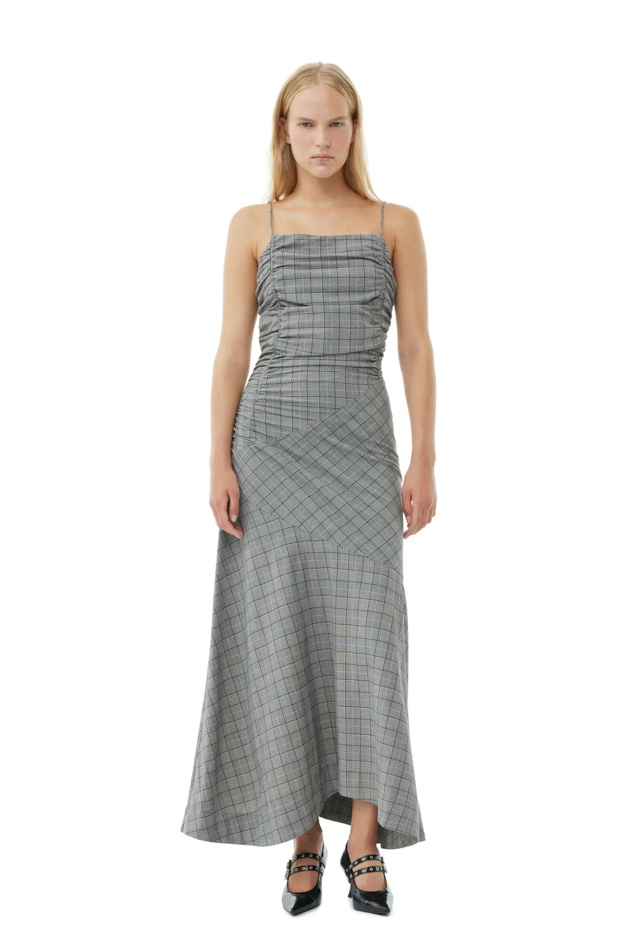 Frost Gray Checkered Ruched Long Slip Dress | GANNI IT