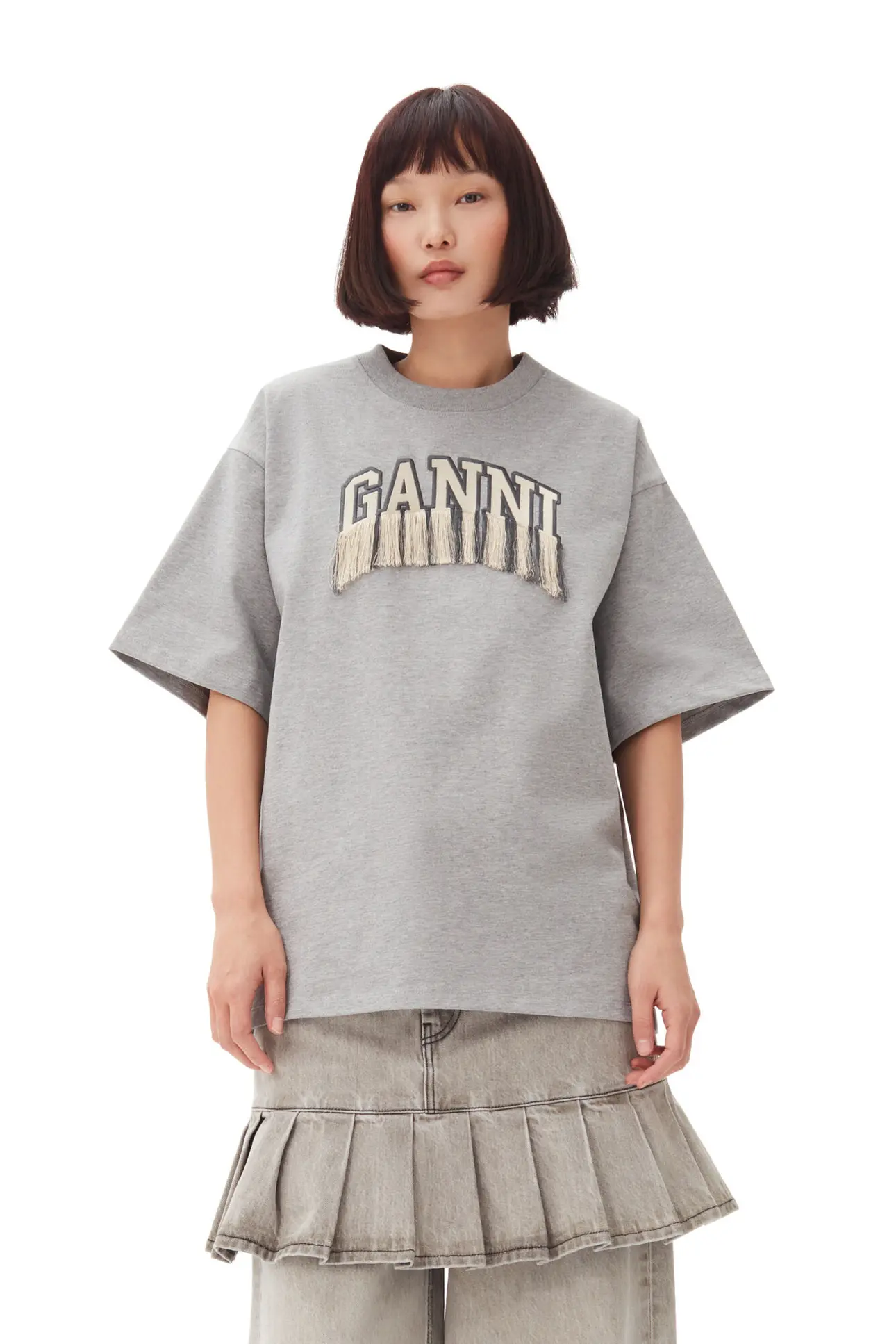 Paloma Melange Grey Heavy Cotton Drop Shoulder Fringe T-shirt | GANNI US