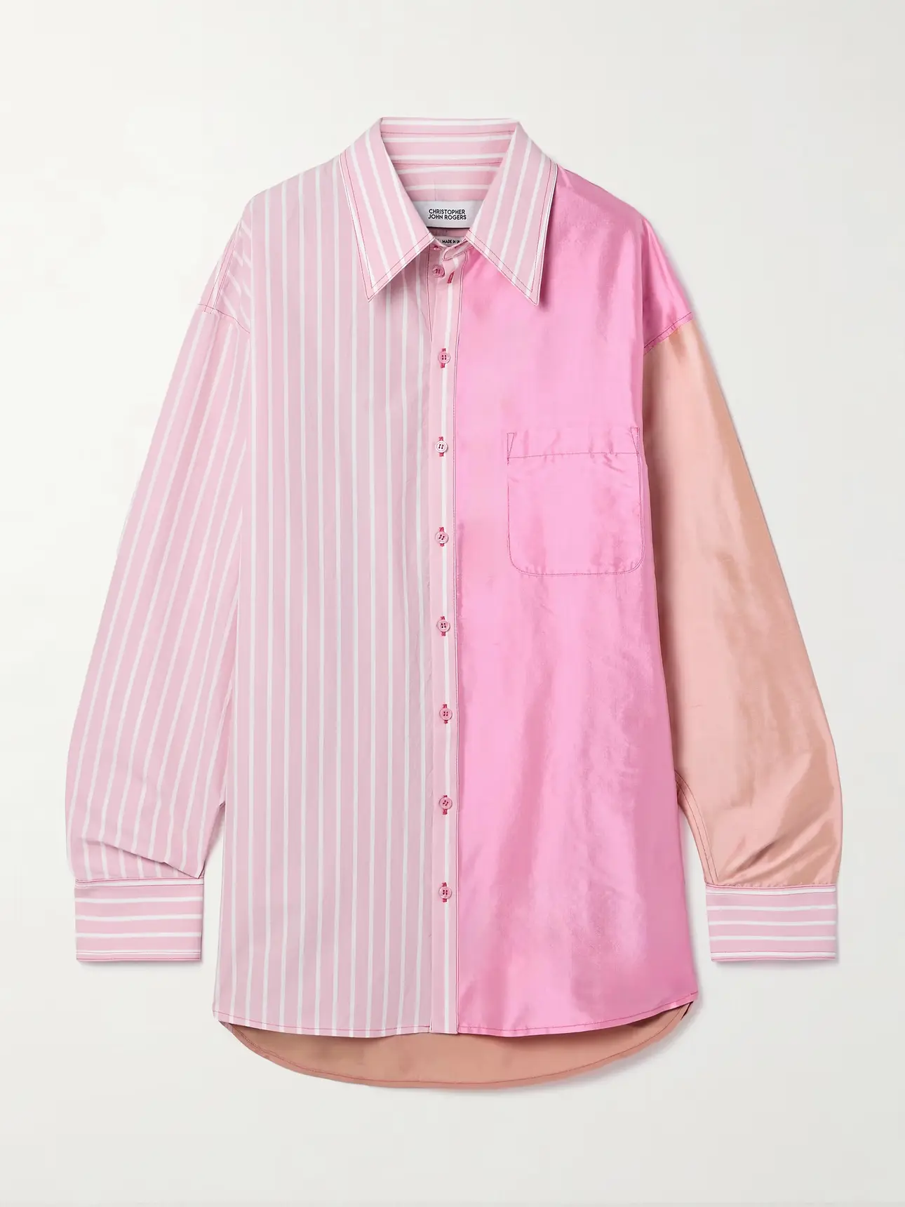 CHRISTOPHER JOHN ROGERS Patchwork satin, silk-twill and striped cotton-blend poplin shirt | NET-A-PORTER