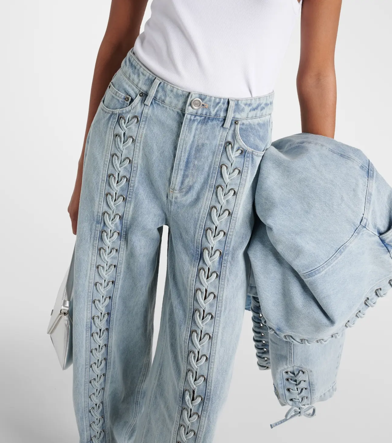 Lace-detail straight jeans in blue - Rotate 