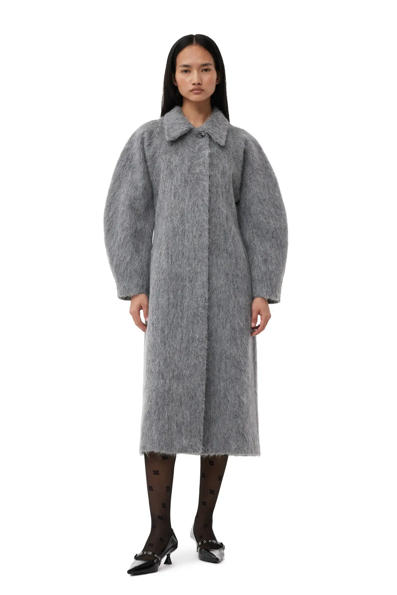 Frost Gray Grey Fluffy Wool Curved Sleeves Coat | GANNI IT