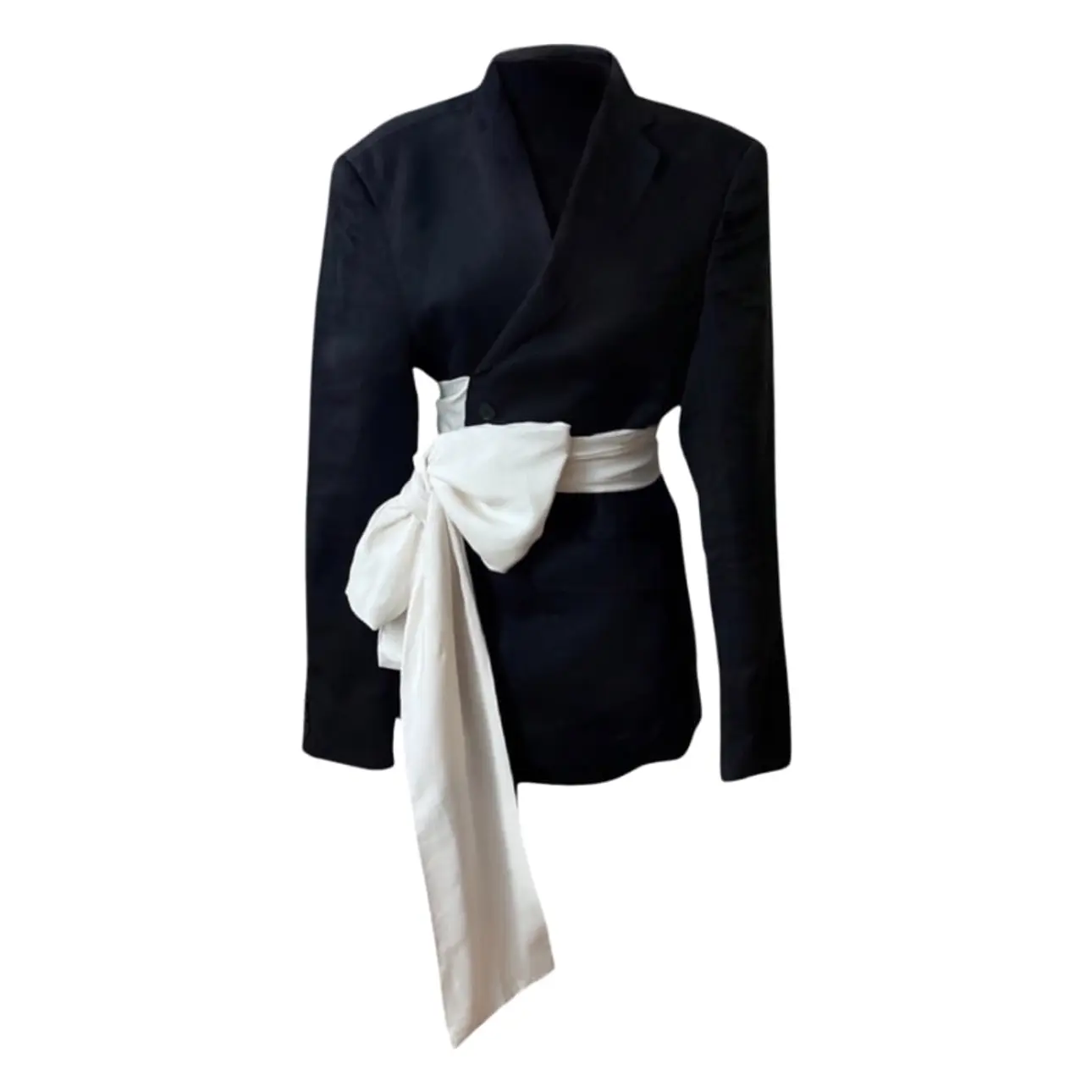 Black Reworked Oversize Blazer With White Silk Wrap Ties