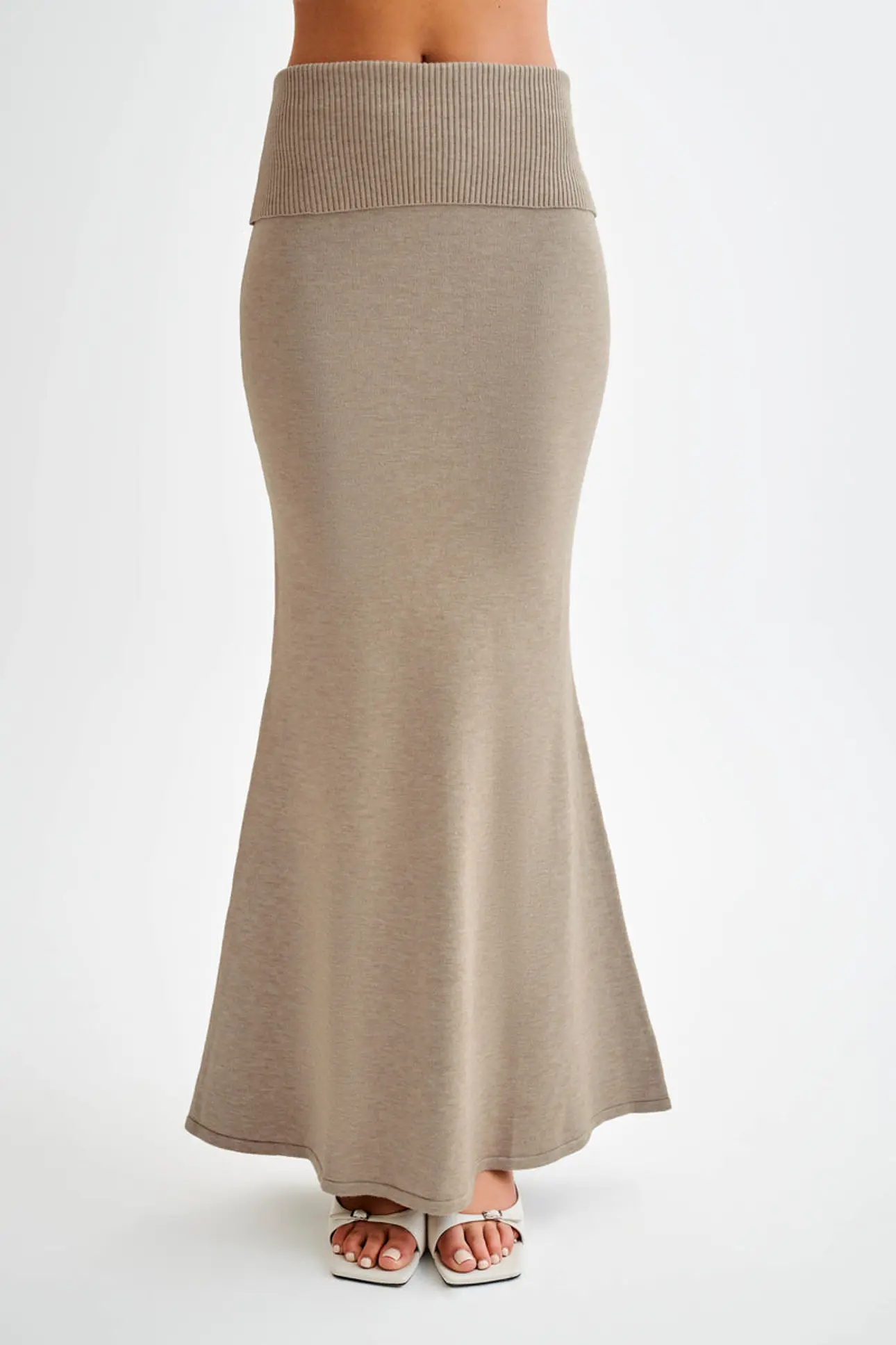 Karlie Knit Maxi Skirt With Ribbed Waist - Taupe Marle