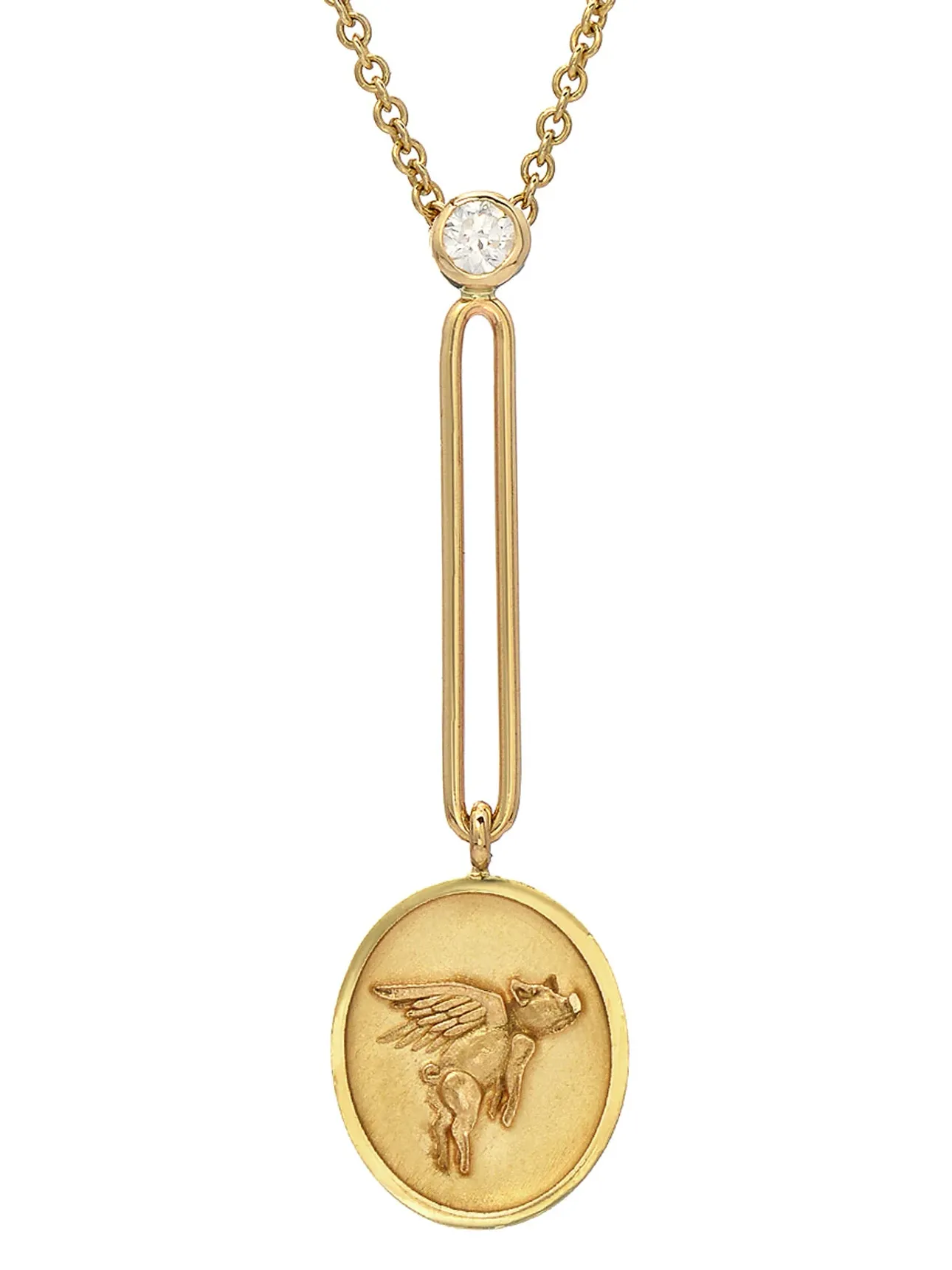 Flying Pig Fantasy Signet Yellow Gold Pendant Necklace