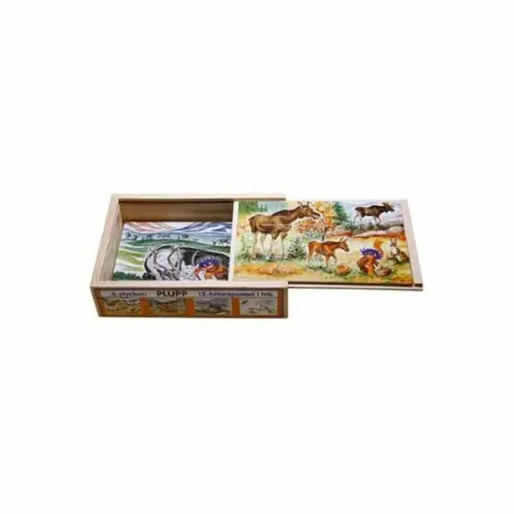 Plupp 4 træpuslespil i trææske af Hjelm Förlag