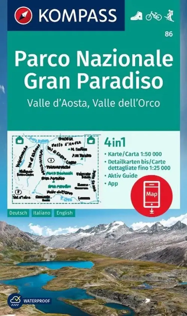 Parco Nazionale Gran Paradiso, Valle d'Aosta, Valle dell'Orco, Kompass Wanderkarte 86 af Mair-Dumont/Kompass