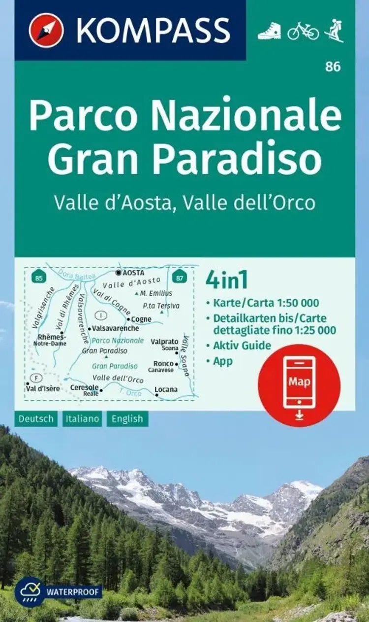 Parco Nazionale Gran Paradiso, Valle d'Aosta, Valle dell'Orco, Kompass Wanderkarte 86 af Mair-Dumont/Kompass