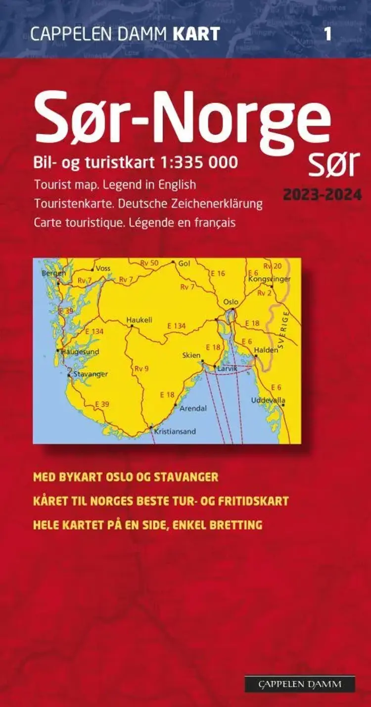 Sør-Norge sør 2019-2020 : bil- og turistkart = tourist map = Touristenkarte = Carte touristique af Cappelen Damm