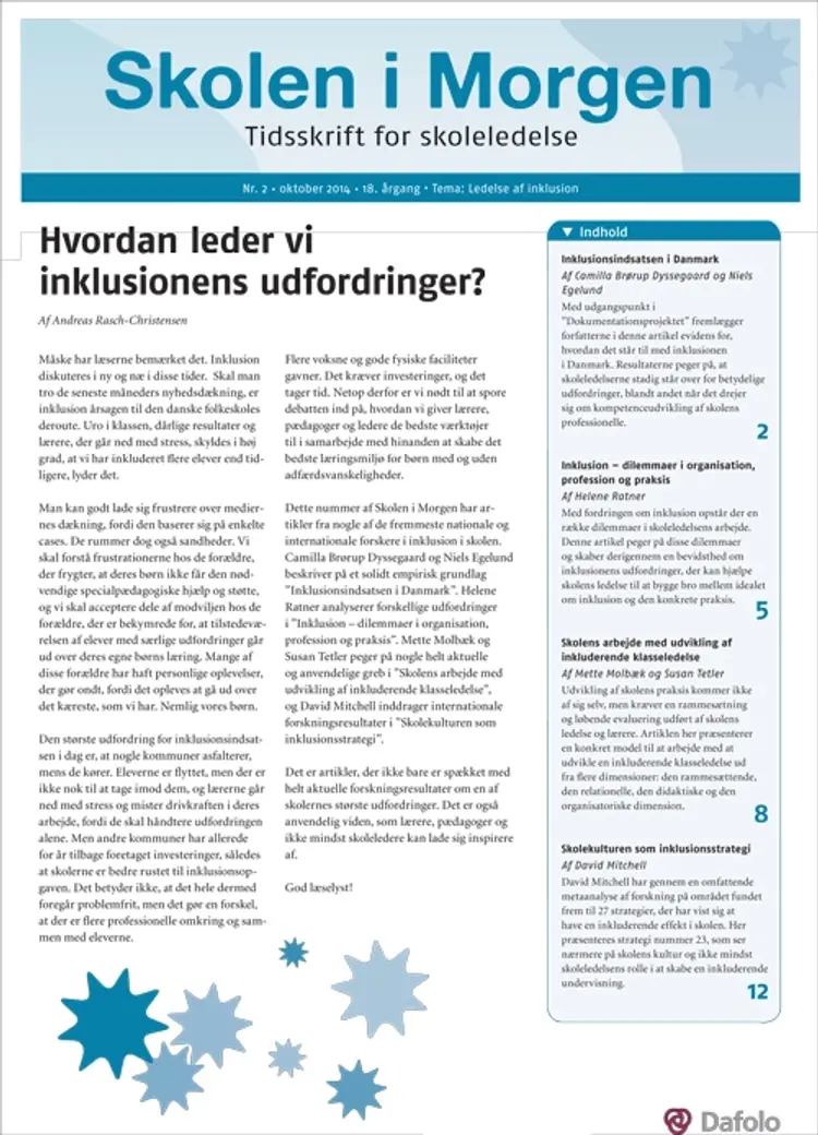 Skolen i Morgen. Nr. 2. 2014. 18. årgang. Tema: Ledelse af inklusion af David Mitchell