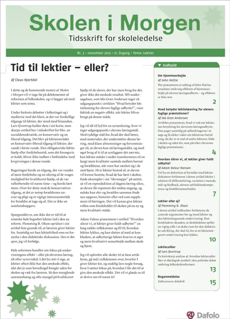 Skolen i Morgen. Nr. 3. November 2013. 17. årgang. Tema: Lektier af Lars Qvortrup