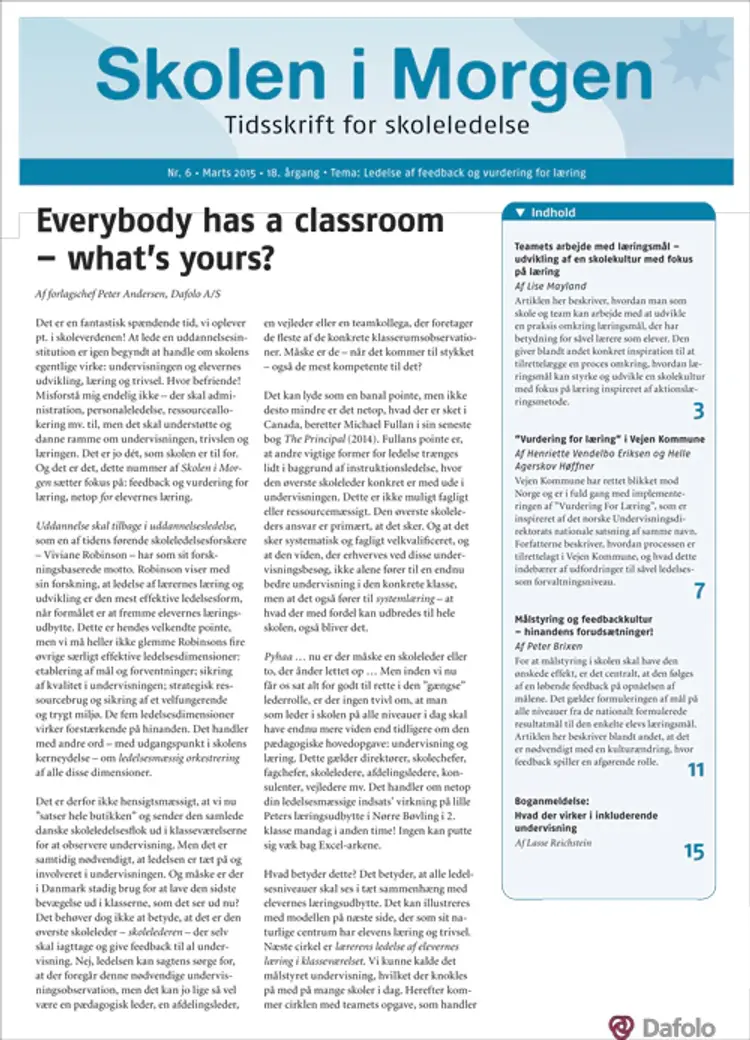 Skolen i Morgen. Nr. 6. Marts 2015. 18. årgang. Tema: Ledelse af feedback og vurdering for læring af Henriette Vendelbo Eriksen