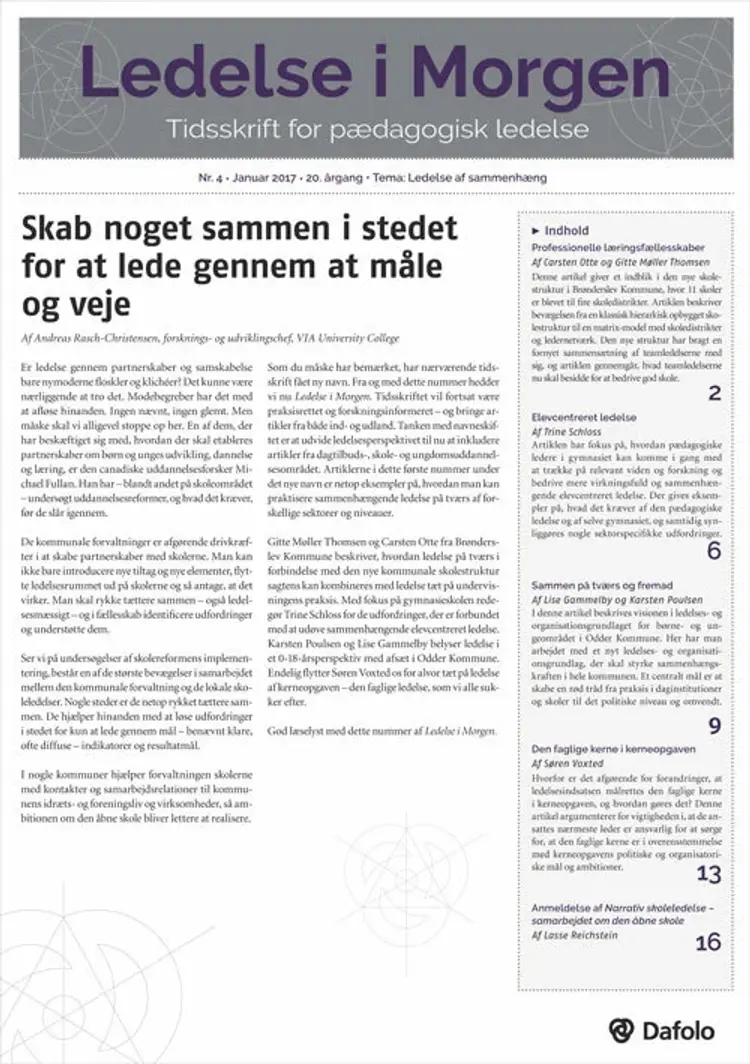 Ledelse i Morgen. Nr. 4. Januar 2017. 20. årgang. Tema: Ledelse af sammenhæng af Søren Voxted