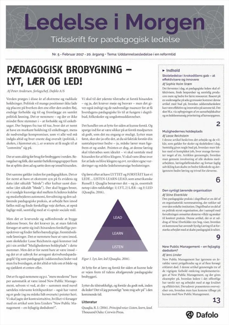 Ledelse i Morgen. Nr. 5. Februar 2017. 20. årgang. Tema: Uddannelsesledelse i en reformtid af Sophie Holm Strøm