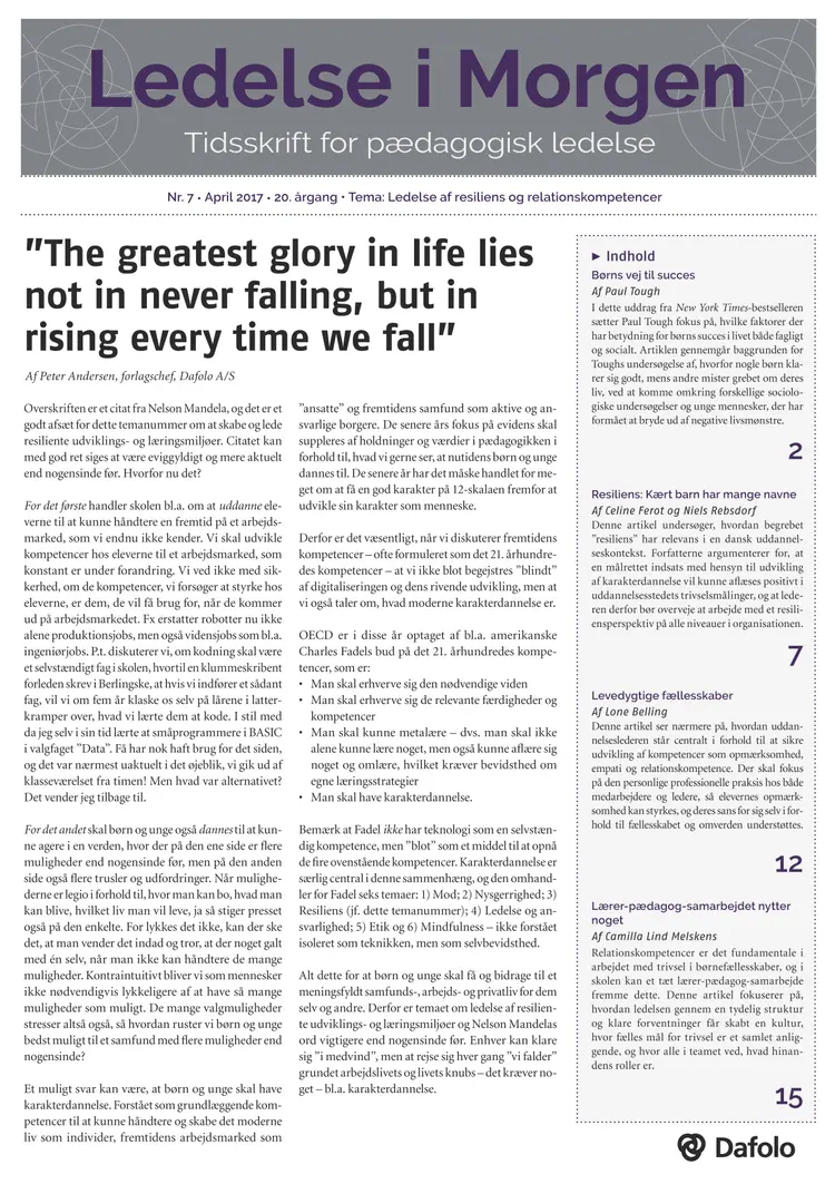 Ledelse i Morgen. Nr. 7. April 2017. 20. årgang. Tema: Ledelse af resiliens og relationskompetencer af Lone Belling