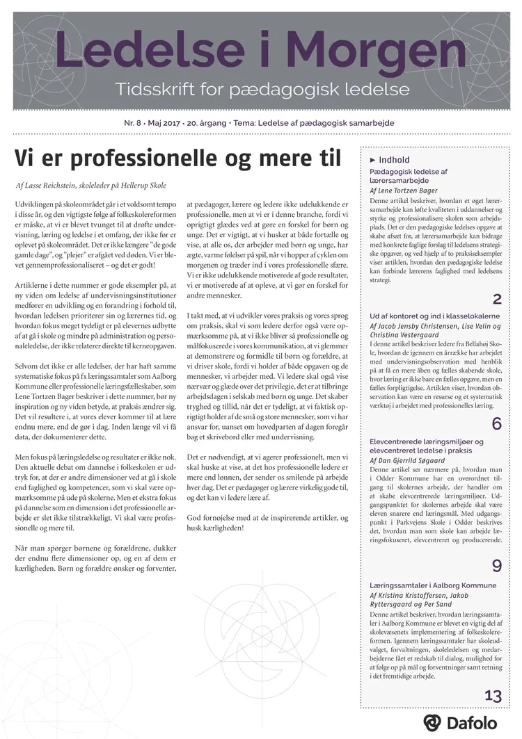 Ledelse i Morgen. Nr. 8. Maj 2017. 20. årgang. Tema: Ledelse af pædagogisk samarbejde af Lene Tortzen Bager
