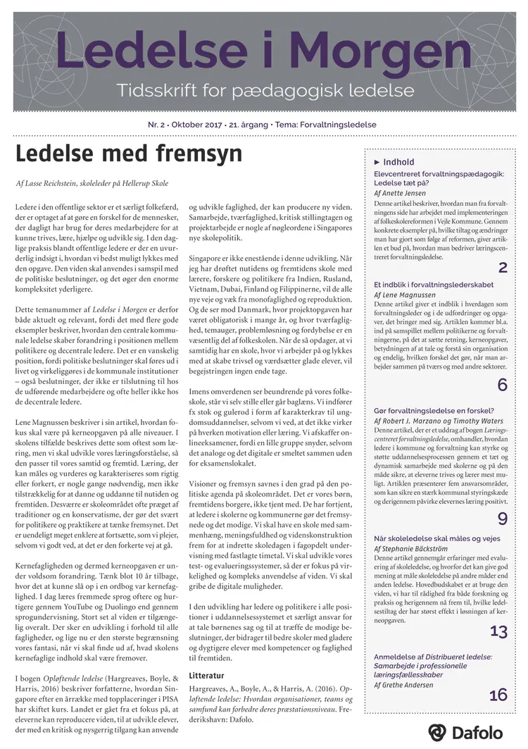 Ledelse i Morgen. Nr. 2. Oktober 2017. 21. årgang. Tema: Forvaltningsledelse af Anette Jensen