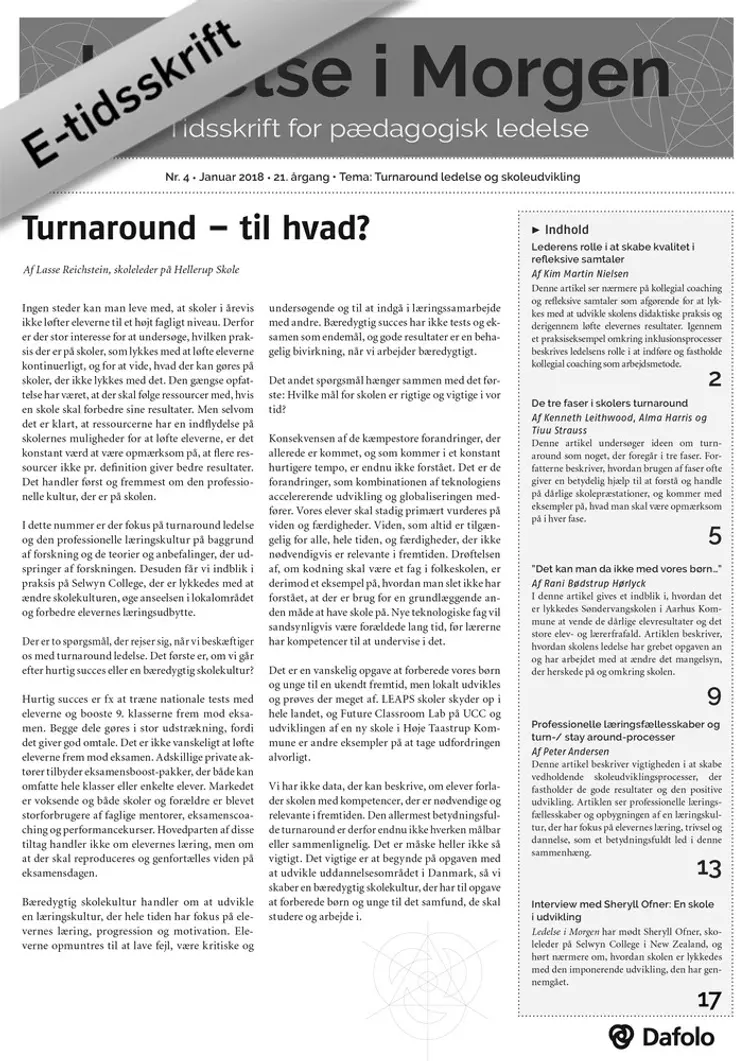 Ledelse i Morgen, Nr. 4. Januar 2018. 21. årgang. Tema: Turnaround ledelse og skoleudvikling af Peter Andersen