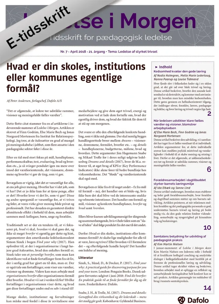 Ledelse i Morgen, Nr. 7. April 2018. 21. årgang. Tema: Ledelse af styrket trivsel af Else Marie Bech