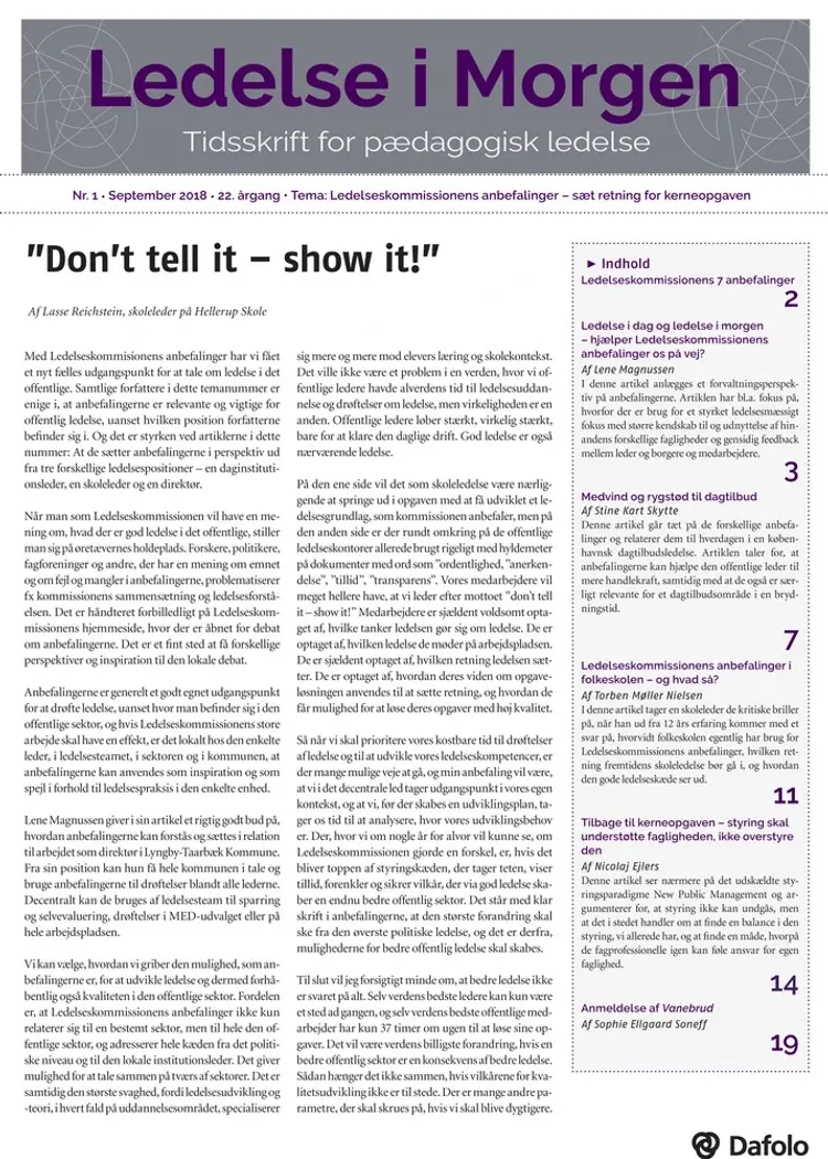 Ledelse i Morgen, Nr. 1. september 2018. 22. årgang. Tema: Ledelseskommisionens anbefalinger: Sæt retning for kerneopgaven af Sophie Ellgaard Soneff