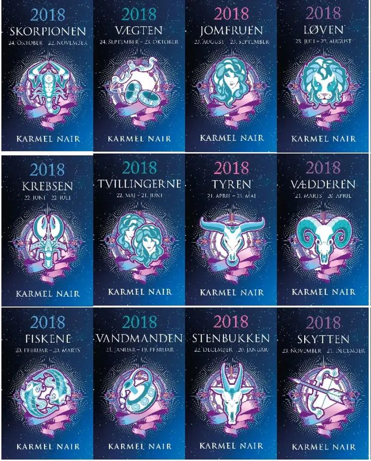 Horoskop 1-12 stjernetegn 2018 i salgsdisplay af Karmel Nair