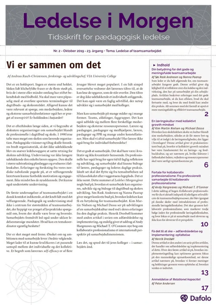 Ledelse i Morgen, Nr. 2 • Oktober 2019 • 23. årgang • Tema: Ledelse af teamsamarbejdet af Nanna Paarup