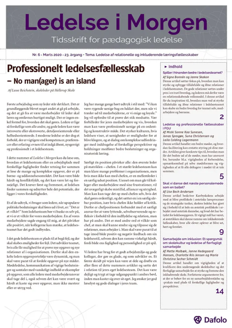 Ledelse i Morgen, Nr. 6. Marts 2020. 23. årgang. Tema: Ledelse af relationelle og inkluderende læringsfællesskaber af Signe Bonnén