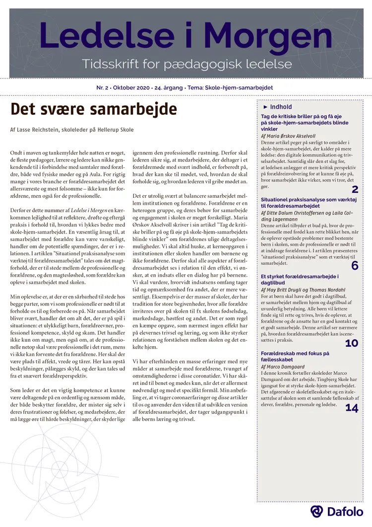 Ledelse i Morgen. Nr. 2. Oktober 2020. Tema: Skole-hjem-samarbejdet af Maria Ørskov Akselvoll