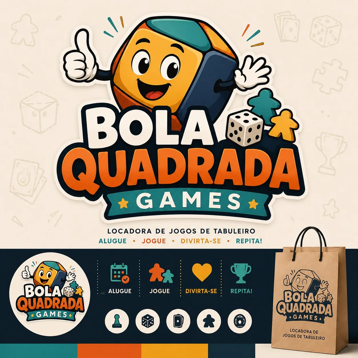 Identidade visual da Bola Quadrada Games com mascote cubo, peças e frase Alugue, Jogue, Divirta-se, Repita