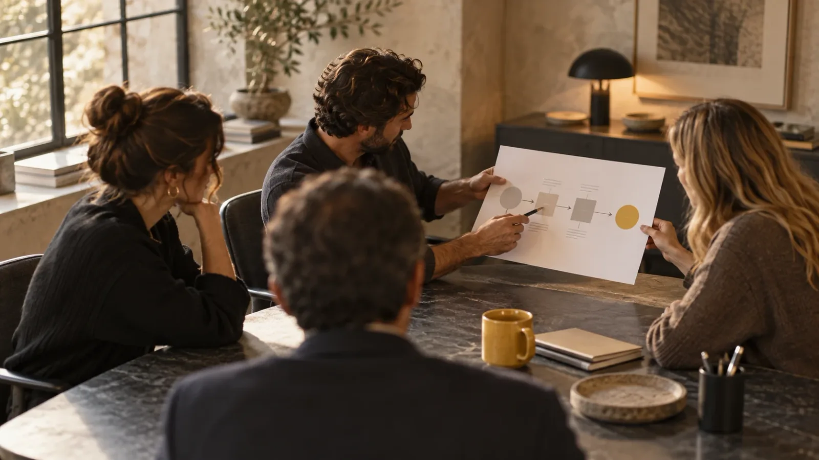 Consultant walking a client through a printed process diagram at a stone table in a warm studio office