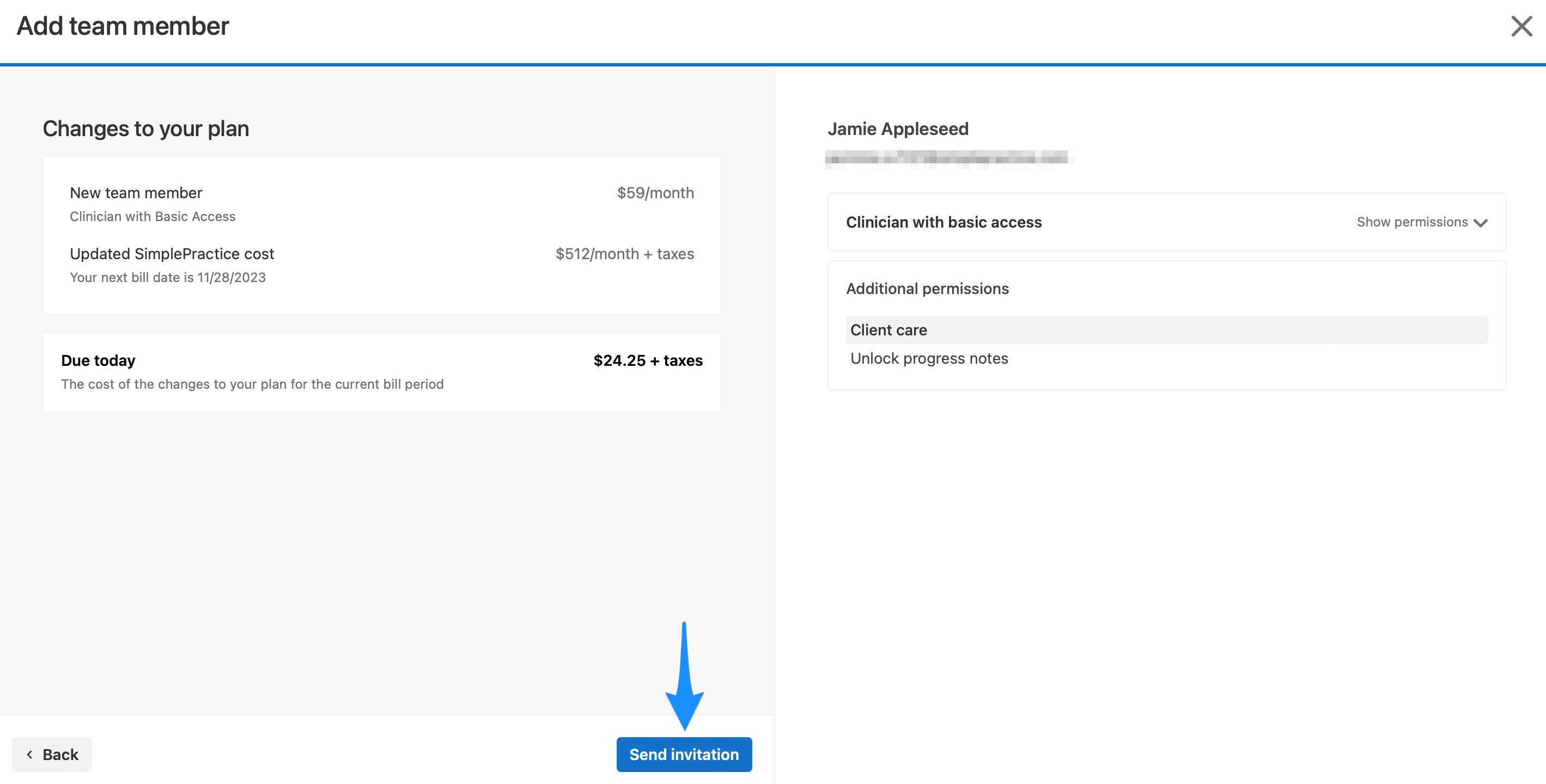 SimplePractice plan summary with the Send invitation button
