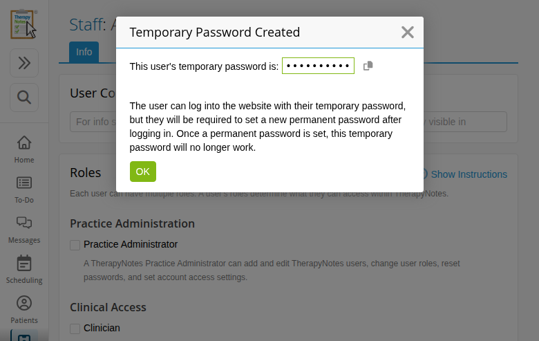 TherapyNotes temporary password dialog for the new biller