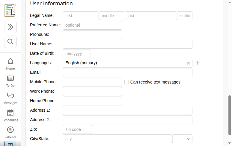 Entering the biller's user information in TherapyNotes