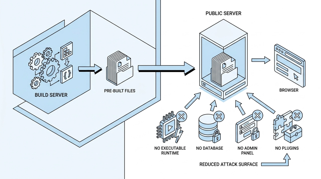 Our architecture works differently, and the security difference isn't a matter of configuration. It's structural. All pages are assembled once, at build time, before anything reaches a public server. What lives on that server is a set of pre-built files, ready to be delivered to a browser. Nothing is assembled on request. No code executes in response to a visitor. What this removes from the attack surface is significant: - There is no executable runtime on the public server. There is nothing to exploit, and nowhere to inject a script that will actually run. - There is no database. SQL injection, content manipulation through the database, spam links mixed into page content: none of that applies when there is no database to target. - There is no admin panel exposed to the internet. Nobody is brute-forcing login credentials at 3am because there is no login endpoint to hit. - There is no plugin ecosystem. No stream of third-party code arriving on your server with full execution rights, no update treadmill, no abandoned plugins accumulating quietly. We want to be precise about what this means. We are not saying a static site is immune to attack. We are saying that the most common attack scenarios, the ones that hit those clients last month, are not applicable when the target doesn't exist. The attack surface doesn't disappear. It becomes smaller and much easier to understand.