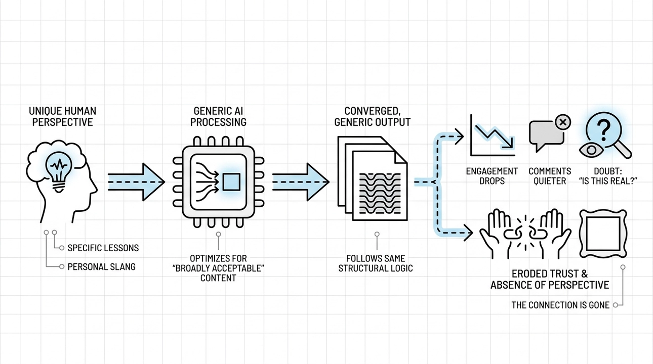 Generic AI output lacks unique perspective, eroding trust.