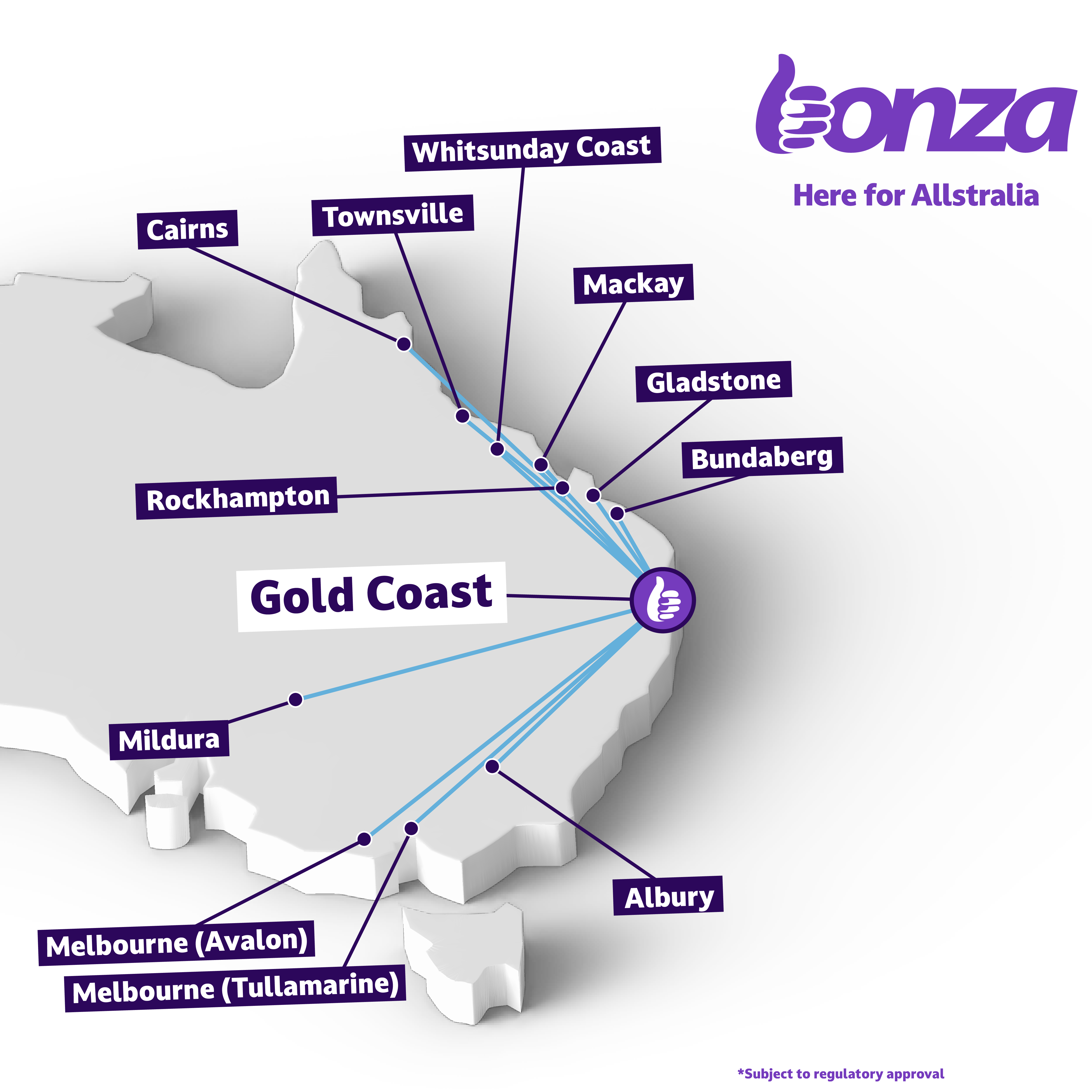 Bonza's Gold Coast route map, subject to regulatory approval