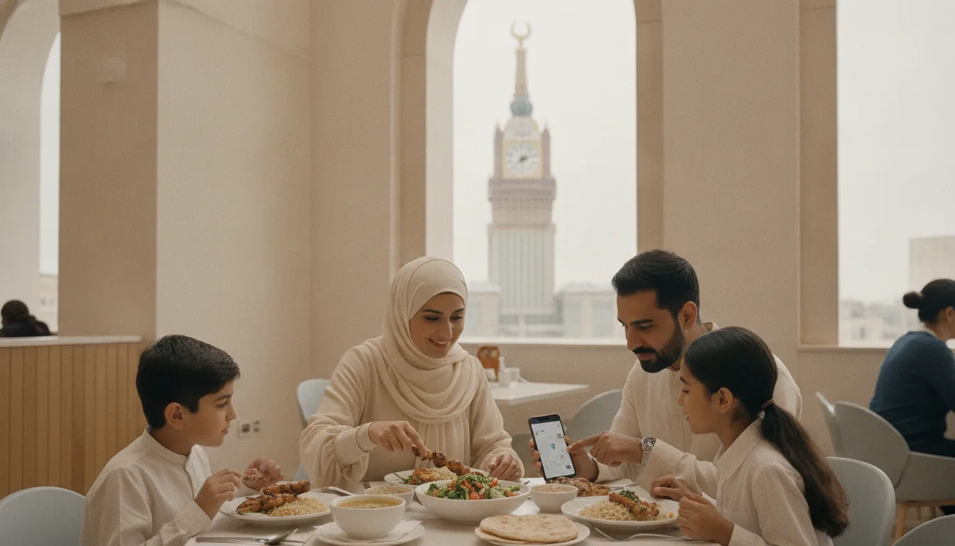 How do I find halal options in clock tower Makkah restaurants?