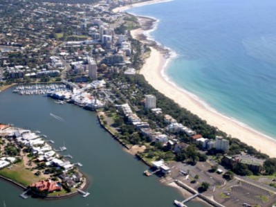 84 The Spit Holiday Apartments Aerial view of the Mooloolaba Spit showing 84 The Spit on right hand side.